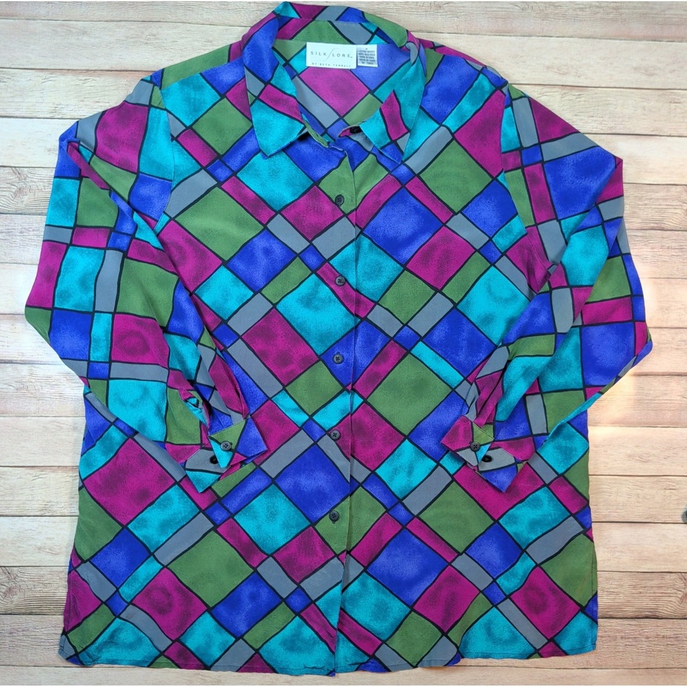 VTG Silk Lore Blouse Women 1X Multicolor Geometric 100% Silk Eclectic Art Deco
